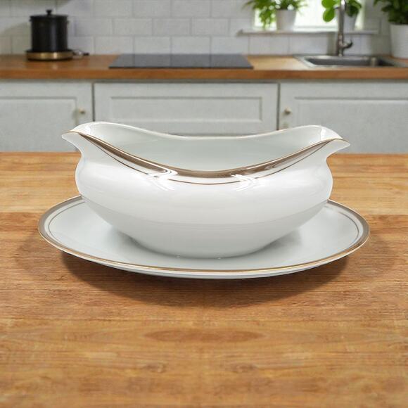 Royalton China Gravy Boat w/ Attached Underplate Gold Trim Translucent Porcelain - Picture 1 of 9
